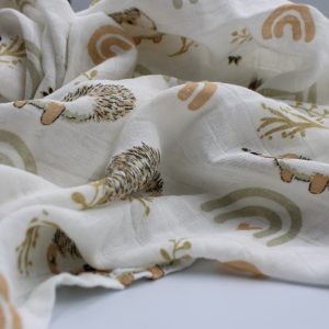 Muslin Cloth Baby Blanket / Swaddle Hedgehog and Rainbow