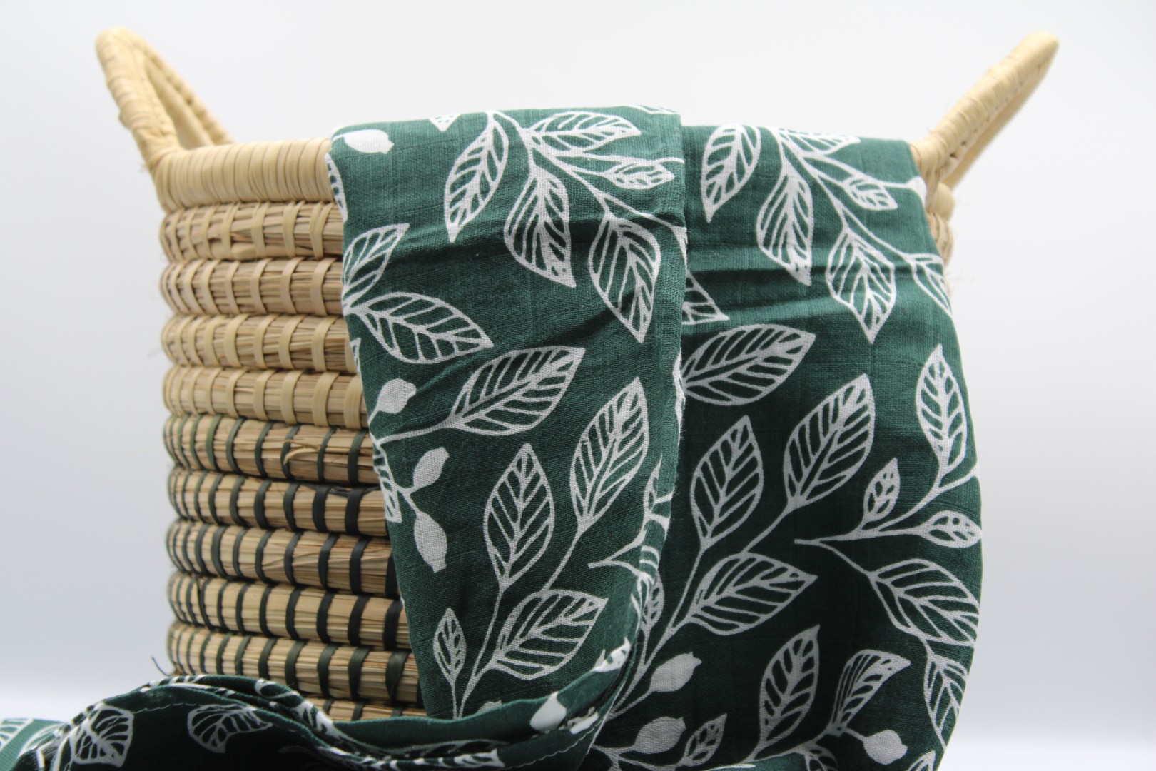 Muslin Cloth Baby Blanket Swaddle / Green with Leaves