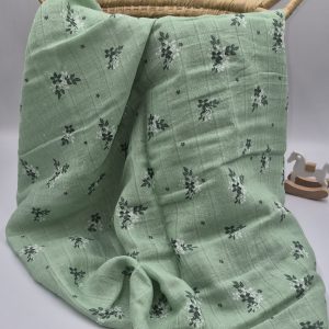 Cotton Muslin Baby Blanket Green with Flowers
