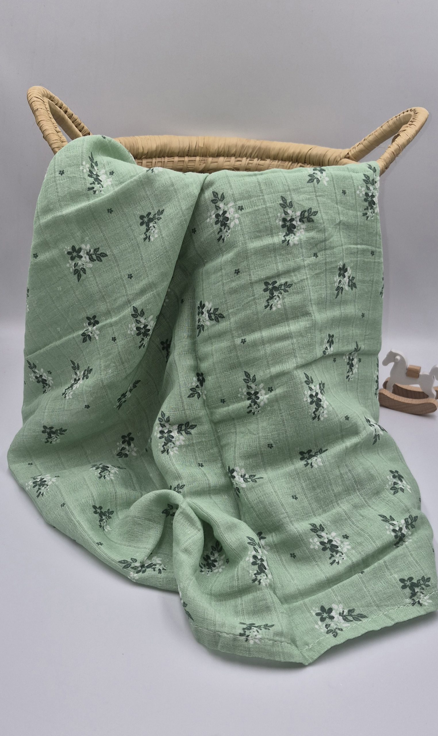 Cotton Muslin Baby Blanket Green with Flowers