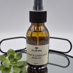Willow Wick Bergamot Room and Linen Mist in a 100ml amber glass bottle for refreshing rooms, bedding and linen.