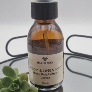 Willow Wick Black Raspberry and Vanilla Room and Linen Mist in a 100ml amber glass bottle
