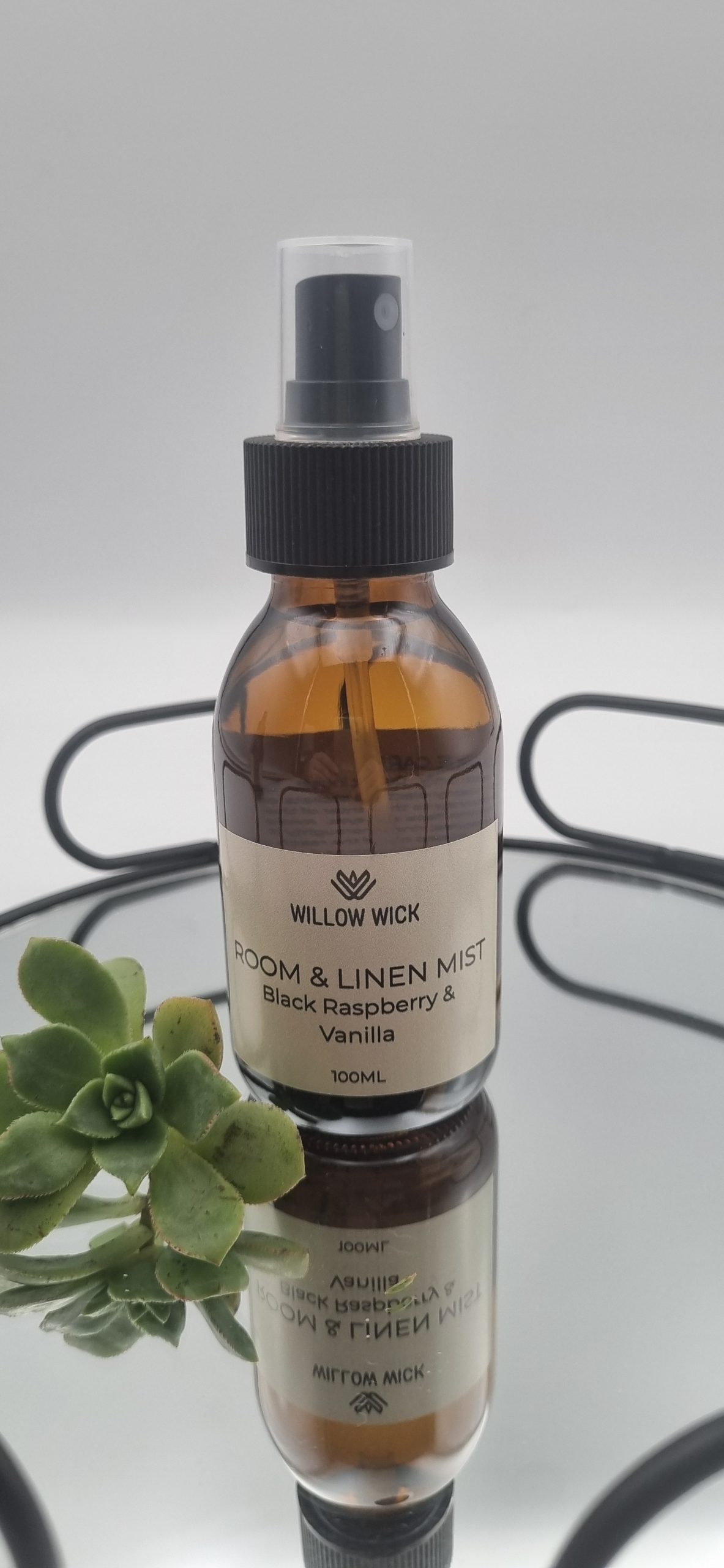 Willow Wick Black Raspberry and Vanilla Room and Linen Mist in a 100ml amber glass bottle