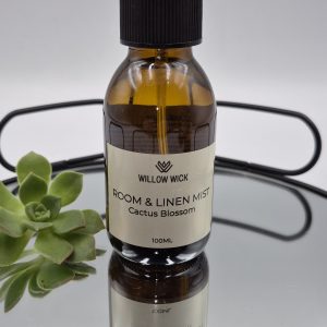 Willow Wick Cactus Blossom Room and Linen Mist in a 100ml amber glass bottle for refreshing rooms, bedding and linen.
