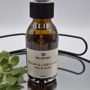 Willow Wick Milk and Honey Room and Linen Mist in a 100ml amber glass bottle for refreshing rooms, bedding and linen.